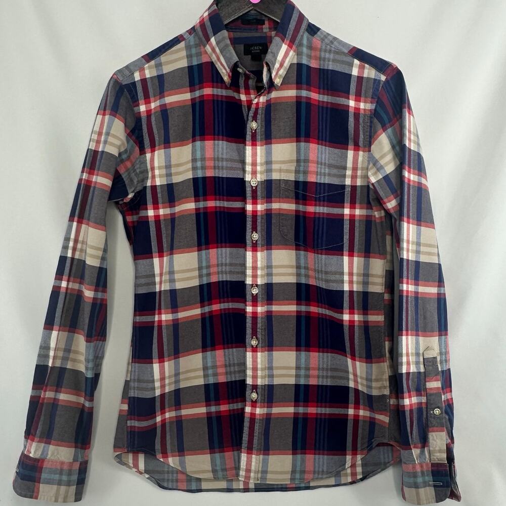 J. Crew Slim Fit Oxford Button Up Shirt Mens Small Blue Red Plaid Preppy Holiday